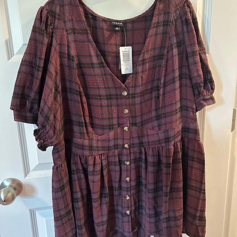 Torrid Burgundy Plaid Babydoll Button Up Short Sleeve Top